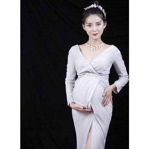 Long Maternity Photography Dresses Silver Glitter V-neck Long Sleeve Dress For Pregnant Women Pregnancy Photo Shoot Clothes 2021