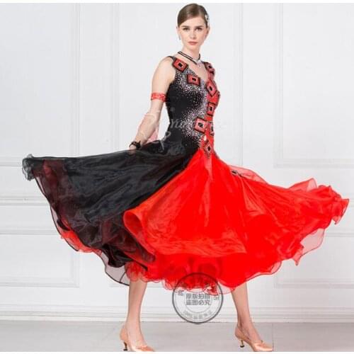 Adult women Modern dance one-piece dress expansion skirt to practice skirt one-piece ballroom dress long sleeve red black 1980