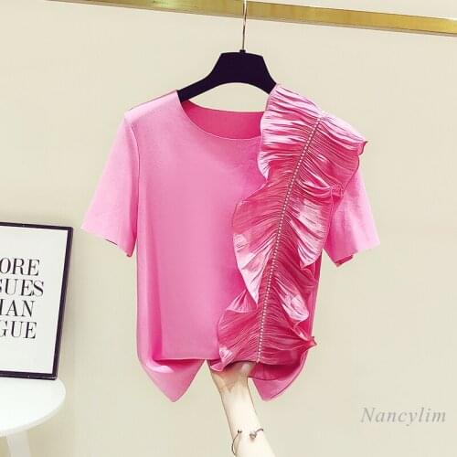 Ruffled Stitching Diamond-Embedded Short Sleeve T-shirt for Women 2021 Summer Clothing New Slim-Fit Tops Tees Nancylim