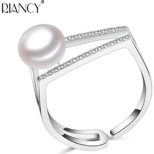Real Pearl Rings,Silver Ring with Shiny Gem-studded Adjustable Size Freshwater Natural Pearl Ring 925 silver Jewelry