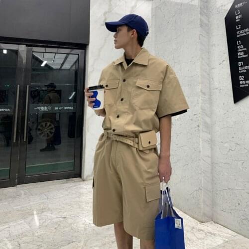 Summer Mens Vintage Streetwear Casual Short Sleeve Overalls Cargo Pants Include Belt Bag Male Short Jumpsuits Women Tracksuit