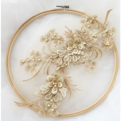 2PCS/Lot Colorful Beaded 3D Flowers Lace Applique DIY Wedding Dress Headdress Childrens Clothing Dance Performance Accessories