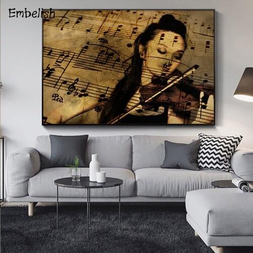 Girl Play Violin Music Instrument For Bar Home Decor Wall Art Posters HD Spray On Canvas Oil Paintings Living Room Large Picture