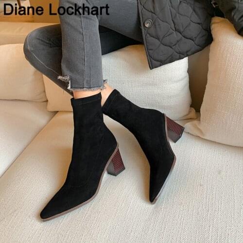 2021 New Autumn Winter Kid Suede Women Boots Square Toe Yarn Elastic Ankle Boots Thick Heel Shoes Female Socks Boots bota Femini