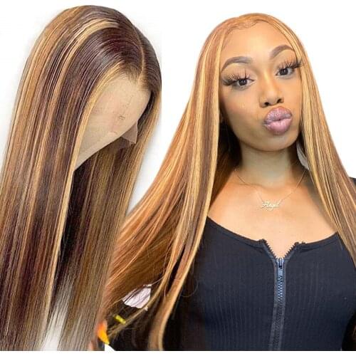 Human Hair Wigs #4/27 Color Highlight Straight Hair Wigs 150% Density 13x4 Lace Front Pre Plucked Ombre Remy Wig For Black Women