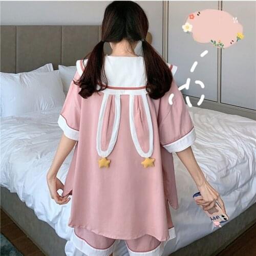 New Summer Women Cute Rabbit Ears Princess Pajamas 2 Piece Set Girls Sweet Pink Sleepwear Casual Homewear Female Lolita Pyjamas