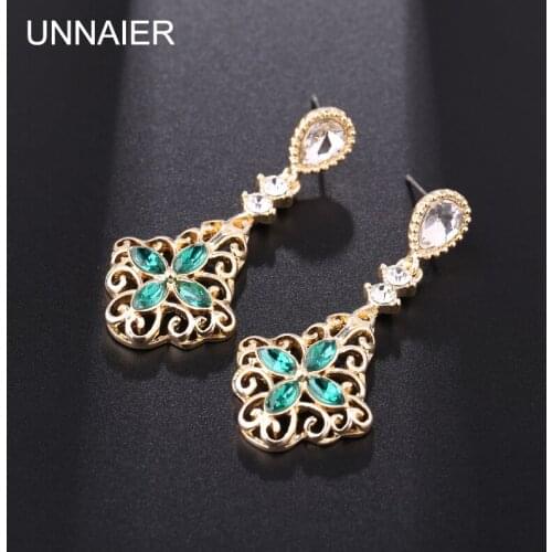 UNNAIER Retro palace green red Semi-precious stones earring Female Teardrop-shaped Rhinestone Ear jewelry