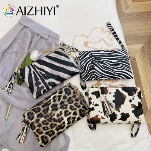 Fashion Women Animal Pattern Printing PU Leather Underarm Shoulder Bag Casual Ladies Chain Tassel Small Handbag Purse