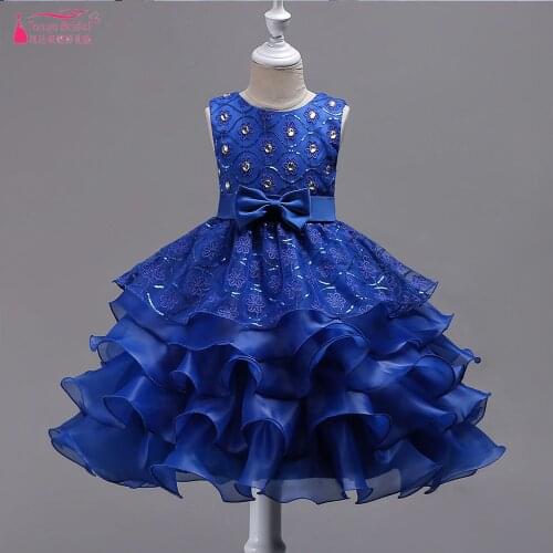 Gorgeous Royal Blue Flower Girls Dresses Sheer Neck 4 Layer Ruffles Lovely Children Brithday Party Gowns Cumunion Dress ZF032