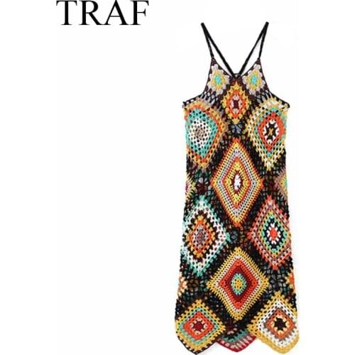 TRAF ZA Womens Clothing Dress Crochet Beach Dress Cover Up Sexy Hollow Out Mesh Knitted Tunic Swimsuit Coverup Womens Beachwear