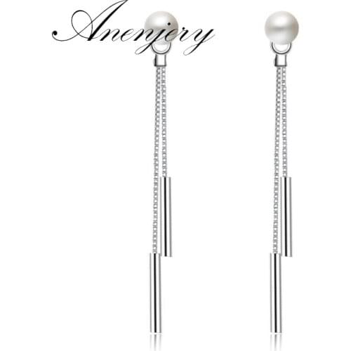 ANENJERY 925 Sterling Silver Pearl Tassel Long Earrings For Women Double Chain Ear Jewelry S-E178