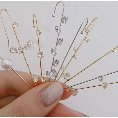 Womens New Wrap-Around Tracked Hook Clip Earrings Wrap Around Auricle Diagonal Studs Copper Inlaid Zircon Pearl Pierced Earring