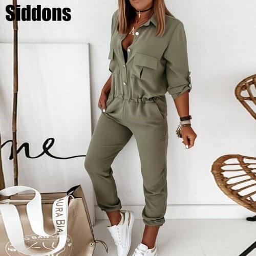 Women Slim Fit Cargo Pants Romper Sexy Turn-down Collar Button Jumpsuit Overalls Playsuit