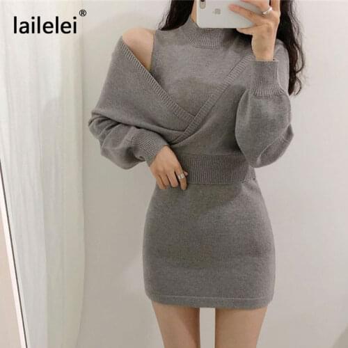 Two Piece Knitted Dress Bodycon Mini Off Shoulder Sweater Vestidos Fall 2020 Party Vintage Elegant Black Korean Winter Sukienka