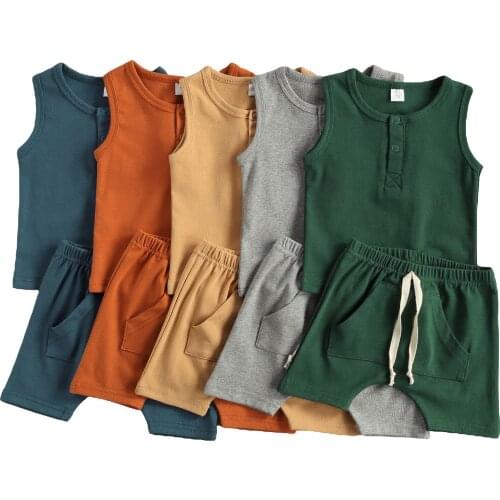 2021 0-18M Infant Baby Boy Girl Clothing Solid Color Sleeveless Top+Elastic Waist Shorts with Pockets Simple Style Cool Summer