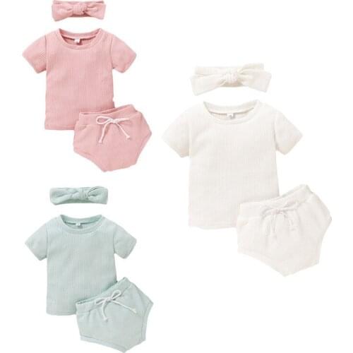 2020 Summer Baby Girl Newborn Infant Summer Knitted Outfit Cotton T-shirt Shorts Headband 3pcs