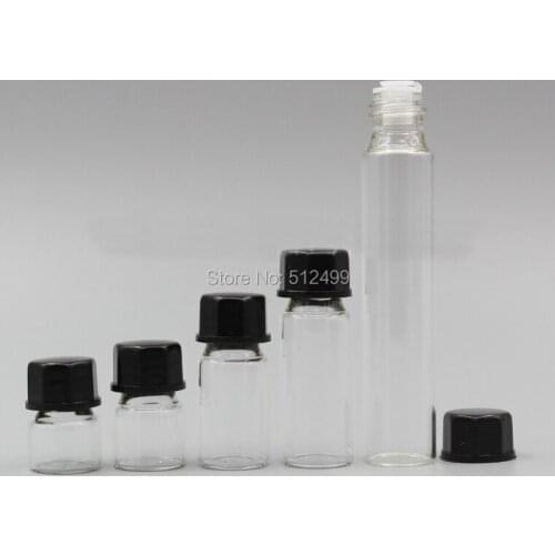 50/100/200pcs/lot 1/2/3/5/10ml Perfume Essential Oil Bottles clear Glass tube Bottle black octagon cap stopper plug For Cosmetic