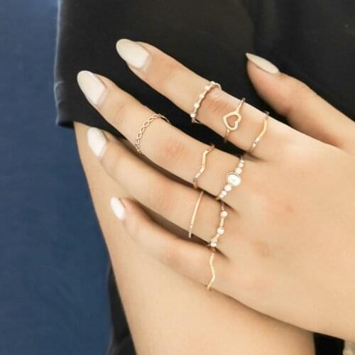 9Pcs/Set Women Girls Hollow Heart Wave Shape Faux Pearl Finger Ring Party Jewelry Gift 2021