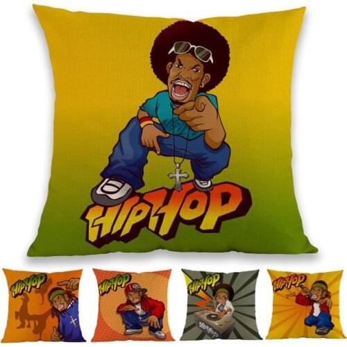 African American Black Man DJ Woman Hip-Hop Rap Singer Freestyle Cartoon Throw Pillow Case Home Sofa Decoration Cushion Cover
