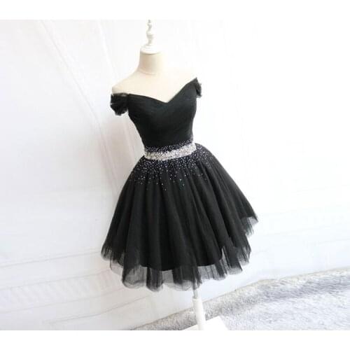 Black Off Shoulder Homecoming Dress 2021 A Line Knee Length Short Tulle Formal Prom Party Gown Ruched with Crystal