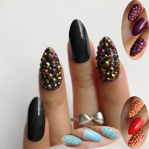 BLACK Custom Full Rhinestones False Nails Christmas Style Medium Stiletto Press On Nails Glossy AB Crystals Fake Nails Set