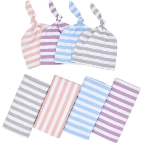 2Pcs Cotton Striped Swaddle Sack With Hat Set Baby Girls Blanket Boys Sleeping Swaddle Muslin Wrap+Caps