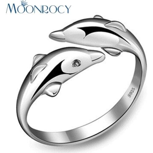 MOONROCY Drop Shipping Silver Color Jewelry Wholesale Animal Cute Dolphin Open Crystal Rings for Women Girls Gift