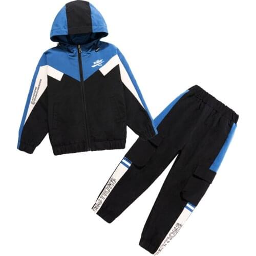 Boys Hooded Long Slleeve Spring Autumn 2PCS Zipper Clothing Set Color Patchwork Loose Fit Korean Style Clothing Set Sports Set