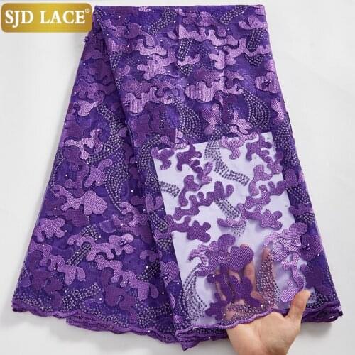 SJD LACE Newest African French Mesh Korea Lace Fabric With Beads Glitters Lightweight Handcut Tulle Mesh For Wedding Sew A2587