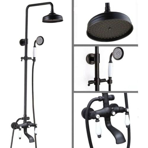 Black Oil Rubbed Brass Dual Ceramic Handles Bathroom 8 Inch Round Rain Shower Faucet Set Bath Tub Mixer Tap Hand Shower mhg142