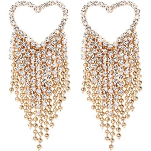 2020 Fashion Square Heart Shaped Rhinestone Tassel Earrings Women Gold Beads Fringe Drop Earring Jewelry Female Long Earrings