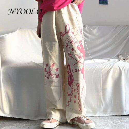 NYOOLO Harajuku Japanese Love Heart Sweet Cartoon Anime Girl Plaid Print Y2K Straight Pants Women Kawaii 90s Oversized Trousers