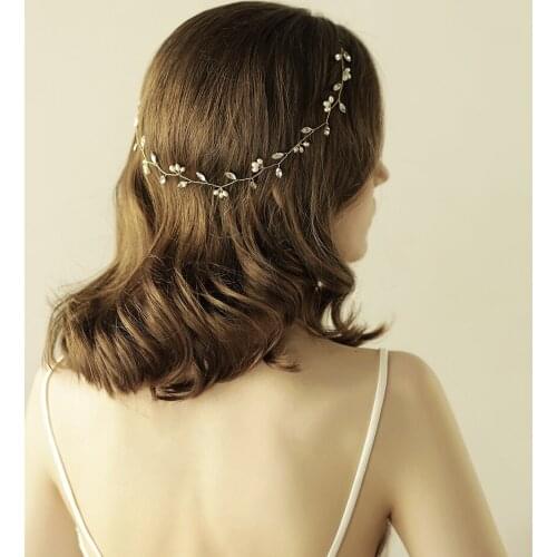 Romantic Sweetheart Bridal Headdress Alloy Crystal Rhinestone Pearl Chain Headband with Ribbon for Wedding Perform Studio O814