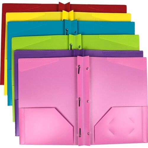 Smead Poly Two-Pocket Folder, Three-Hole Punch Prong Fasteners, Letter Size, Assorted Colors, 6 per Pack