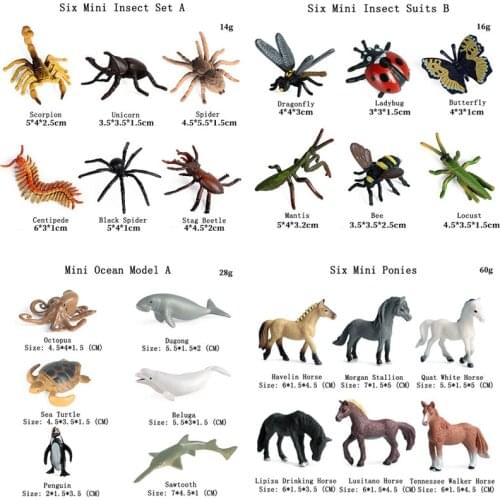 Five Mini Animal Models, Plastic Toys, Horses, Insects, Marine Animals