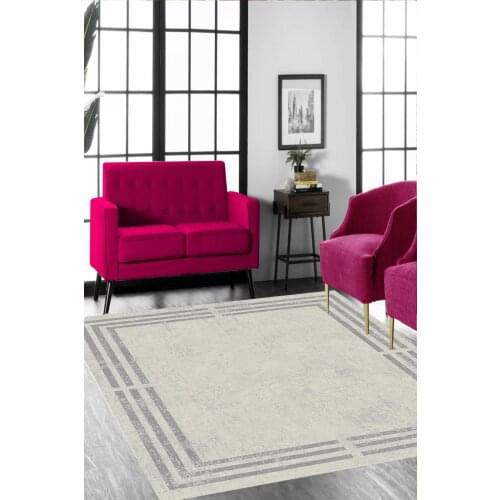 Gri Şeritli Krem Eskitme Halı (Makinada Yıkanabilir Kaymaz Deri Taban) - CP525