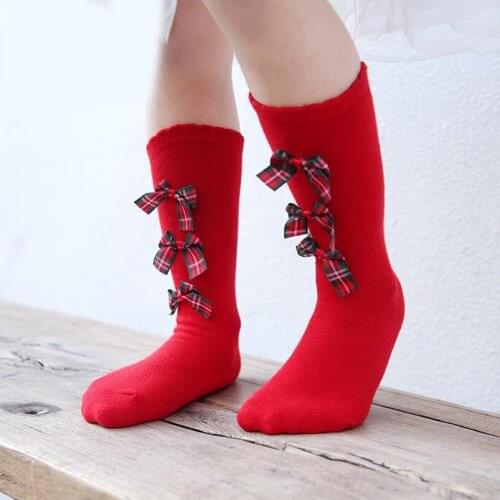 0-4y Girls Christmas socks triple ribbon bowknot design toddler baby knee high socks for girls boots socks childrne leg warmers