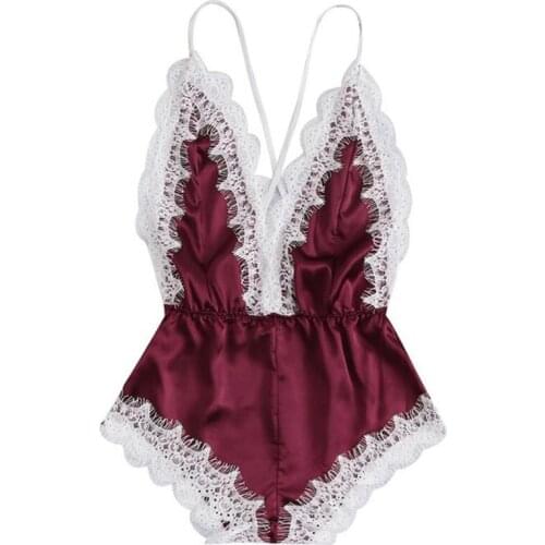 Sexy Women Satin Lace V-Neck Bodysuit Backless Jumpsuit Sleepwear Pajamas Lingerie Bodysuit Fashion White Solid Jumpsuit