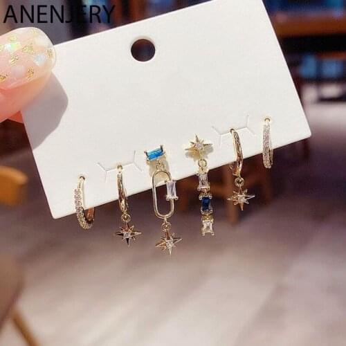 Evimi 6 pieces/set Blue Zircon Star Stud Earrings Set 925 Sterling Silver Korean Style Hot Selling Accessories Students Gift