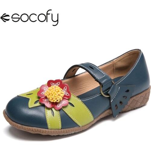 SOCOFY Women Elegant Style Flats Flower Decor Hollow Out Strap Hook Loop Casual Mary Jane Shoes Casual Outdoor Shoes 2020