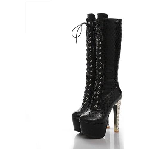 ADBOOV High Heels Platform Boots Women Stiletto Lace Up Sexy Mid Calf Boots Height Increasing 15 CM Women Shoes Leather