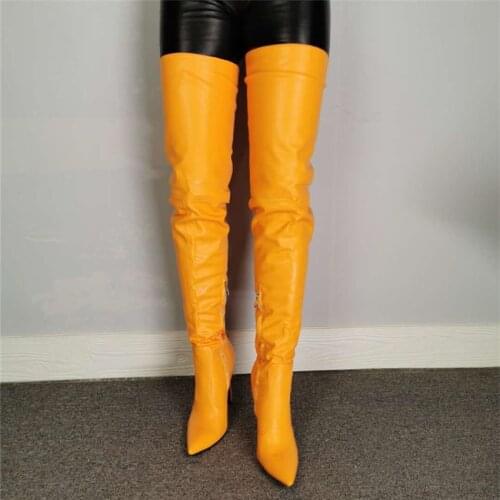 Leather Over The Knee Boots Orange Color Sexy pointed Toe Zipper Dress Women Boots Thin High Heel Runway Leather Boots