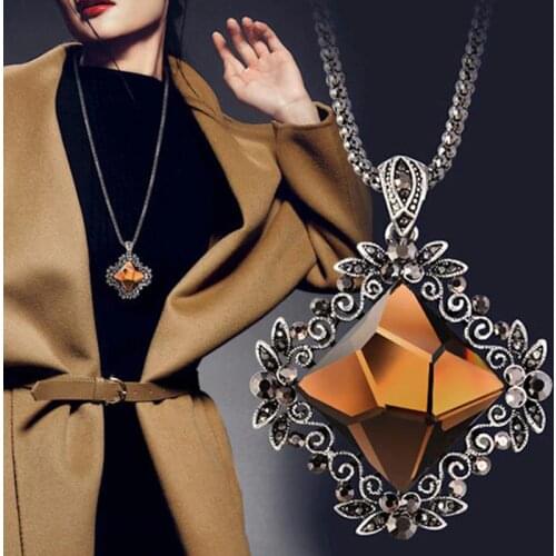 New fashion women pendant necklace square big drop crystal national wind long chain sweater necklace Retro jewelry