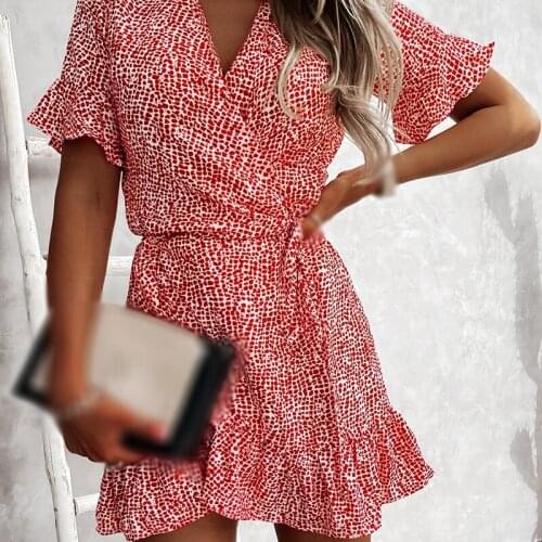 Womens Knee-Length Dress Ladies Loose V Neck Floral Printed Dress Ruffle Butterfly Sleeve Dresses