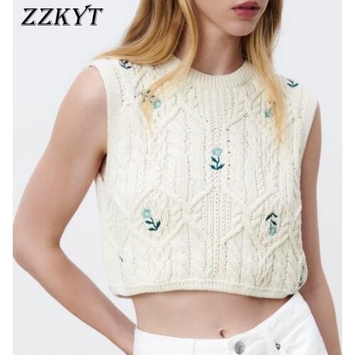 ZZKYT 2021 Women Summer Vintage Embroidery Floral Cropped Knitted Tank Tops Fashion Sweet O-Neck Sleeveless Female Casual Tops