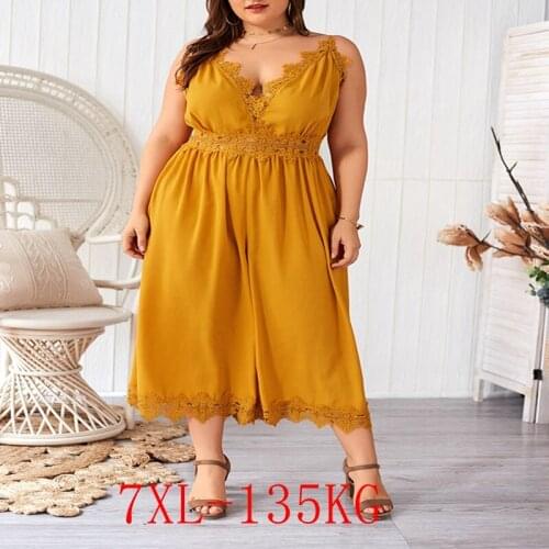 2021 Summer New Large Size Sling Jumpsuit 3XL-7XL Hip 164CM Yellow Fashion Ladies Sexy V-neck Zipper Lace Jumpsuit