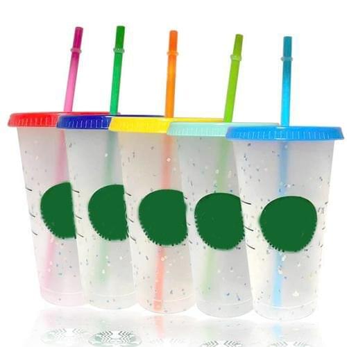 700ml Reusable Straw Cups Transparent cold drink discoloration mugs Colorful Coffee Juice Straw Mug Plastic Outdoor Portable Cup