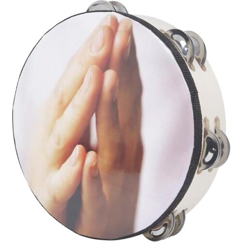 Double Row Jingle Tambourine Handbell Clap Drum Percussion Instrument with Hands Pattern for Church