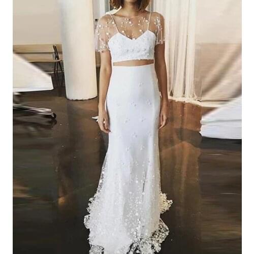 Graceful Two Pieces Sheath Wedding Dresses Tulle Illusion Short Sleeve For Bride Back Button Bridal Wedding Gowns Custom Made