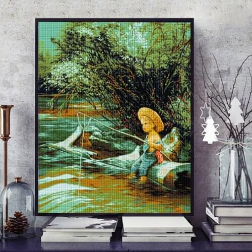 Joy Sunday The little boy fished the scenery 11CT Printed Fabric 14CT Canvas DMC Chinese DIY Hand Embroidery Set Needlework